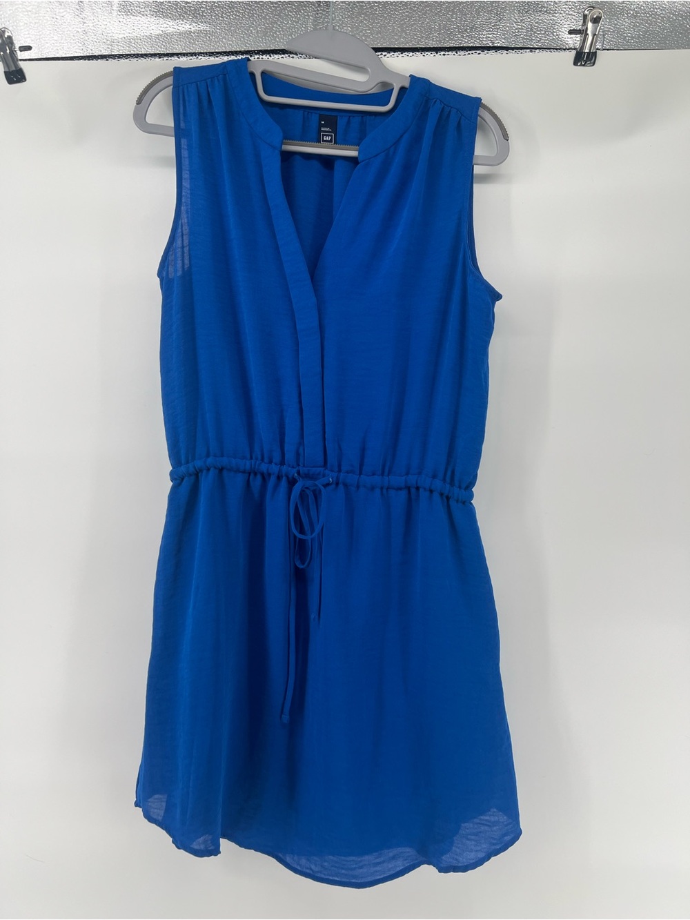 Sleeveless Drawstring Waist Blue Shift Dress, M
